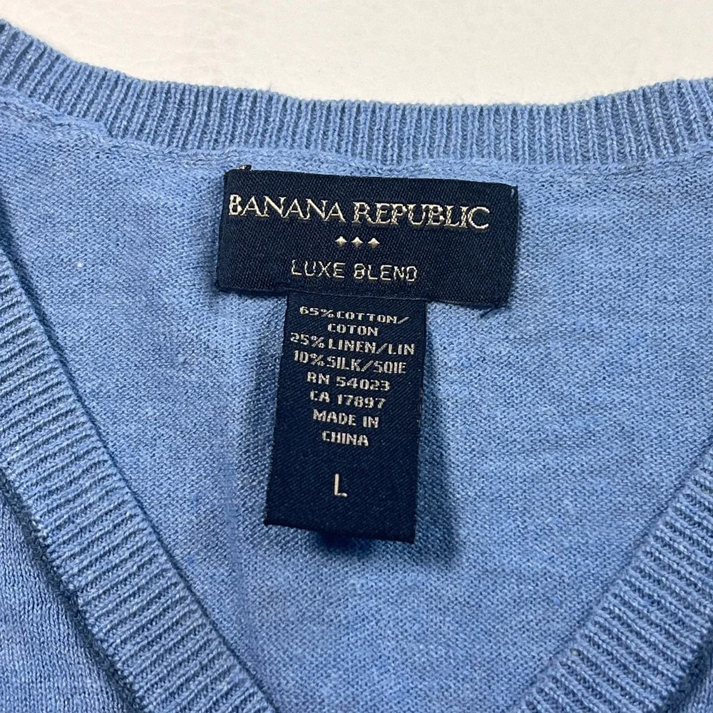 Banana Republic Sweater Mens L Blue Luxe Blend V Neck Cotton Linen Silk Pullover